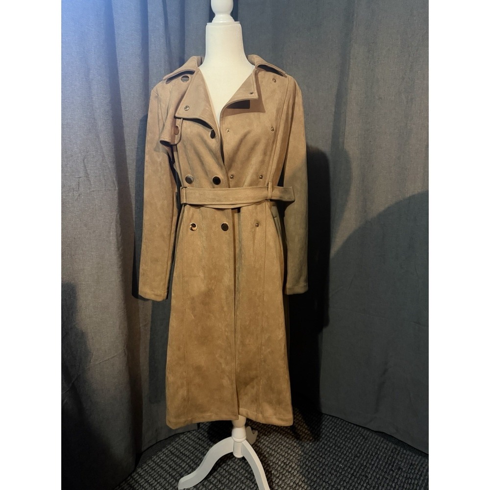 Fashion Nova Womens Camel Faux Suede Belted Trench Coat Tan PG2502E Large